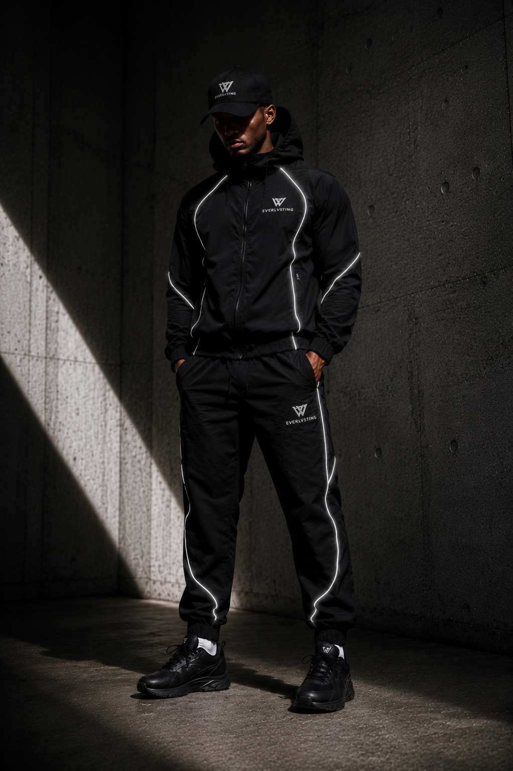 EVERLVSTING performance tracksuit — full lifestyle set with cap