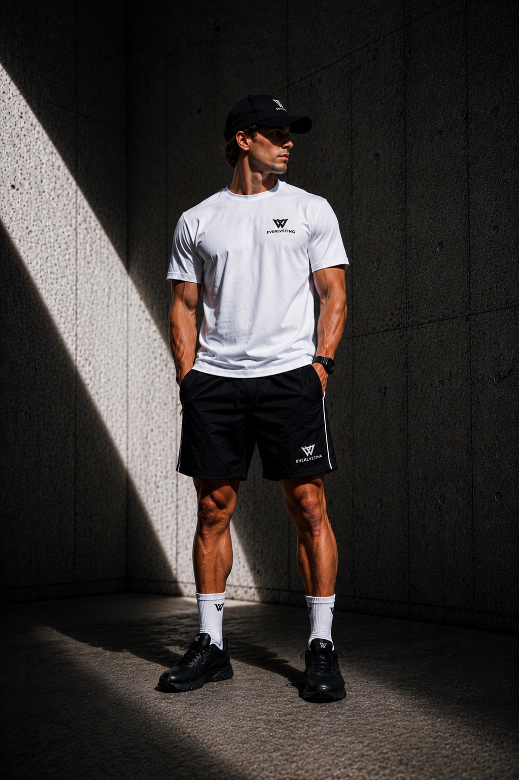 EVERLVSTING performance tee — lifestyle on model with cap and shorts