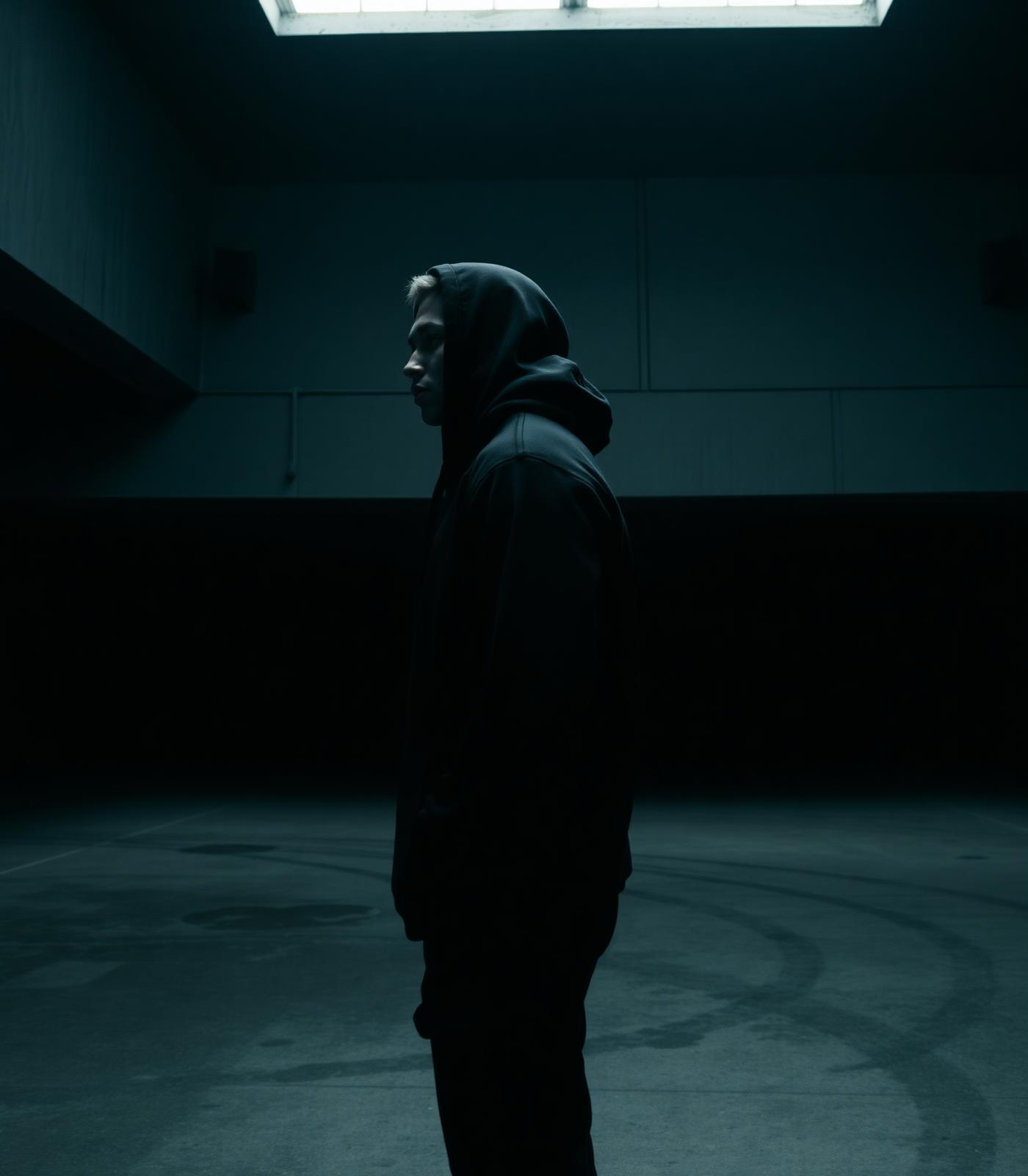 Athlete in hooded jacket, dark industrial space